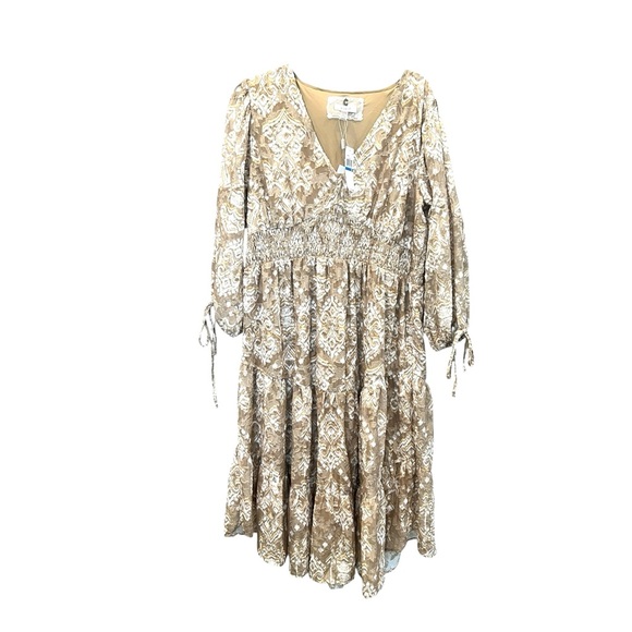 Cupio Boho Smocked Ikat Midi Dress Tiered Flowy V Neck Brown Tan XL NWT - Picture 15 of 16